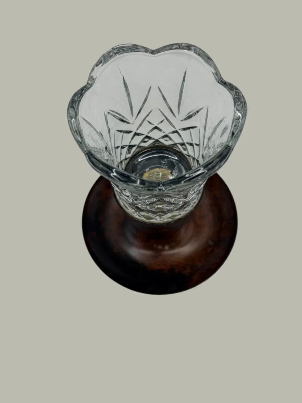 Vintage S.N.K. India Crystal Votive Candle Holder Faux Burl Wood Pedestal 6